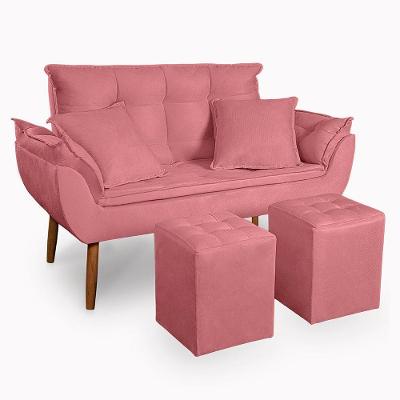 Kit Poltrona Decorativa Namoradeira 2 Puffs Quadrado E 2 Almofadas Suede - Lm Decor Rose