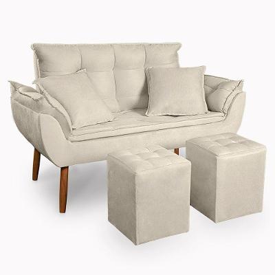 Kit Poltrona Decorativa Namoradeira 2 Puffs Quadrado E 2 Almofadas Suede - Lm Decor Bege