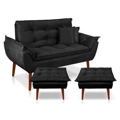 Kit Poltrona Decorativa Namoradeira 2 Puffs Opala E 2 Almofadas Suede - Lm Decor Preto