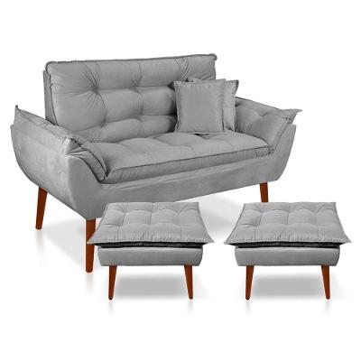 Kit Poltrona Decorativa Namoradeira 2 Puffs Opala E 2 Almofadas Suede - Lm Decor Cinza Claro