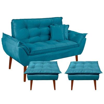 Kit Poltrona Decorativa Namoradeira 2 Puffs Opala E 2 Almofadas Suede - Lm Decor Azul Claro
