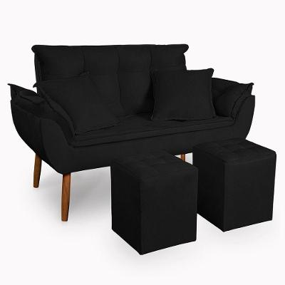 Kit Poltrona Decorativa Namoradeira 2 Puffs Quadrado E 2 Almofadas Suede - Lm Decor Preto