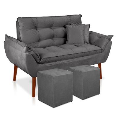 Kit Poltrona Decorativa Namoradeira 2 Puffs Quadrado E 2 Almofadas Suede - Lm Decor Cinza Chumbo