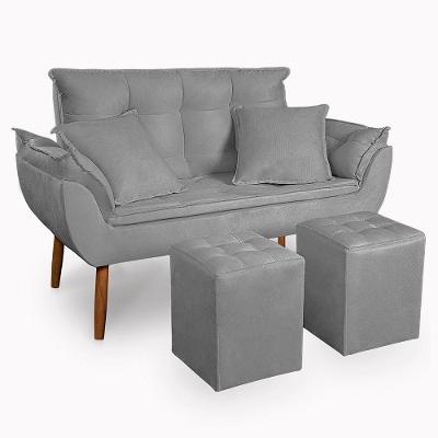 Kit Poltrona Decorativa Namoradeira 2 Puffs Quadrado E 2 Almofadas Suede Cinza Claro - Lm Decor