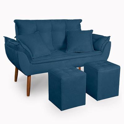 Kit Poltrona Decorativa Namoradeira 2 Puffs Quadrado E 2 Almofadas Suede - Lm Decor Azul Marinho