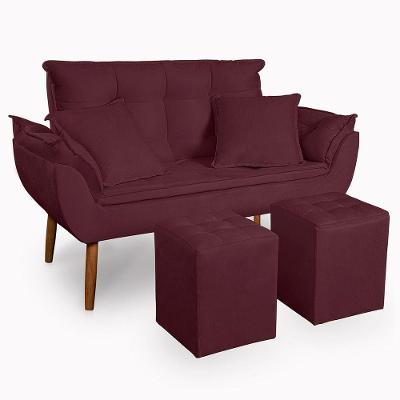 Kit Poltrona Decorativa Namoradeira 2 Puffs Quadrado E 2 Almofadas Suede - Lm Decor Bordô