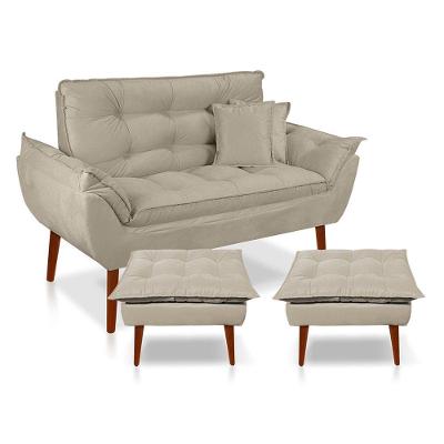 Kit Poltrona Decorativa Namoradeira 2 Puffs Opala E 2 Almofadas Suede - Lm Decor Bege