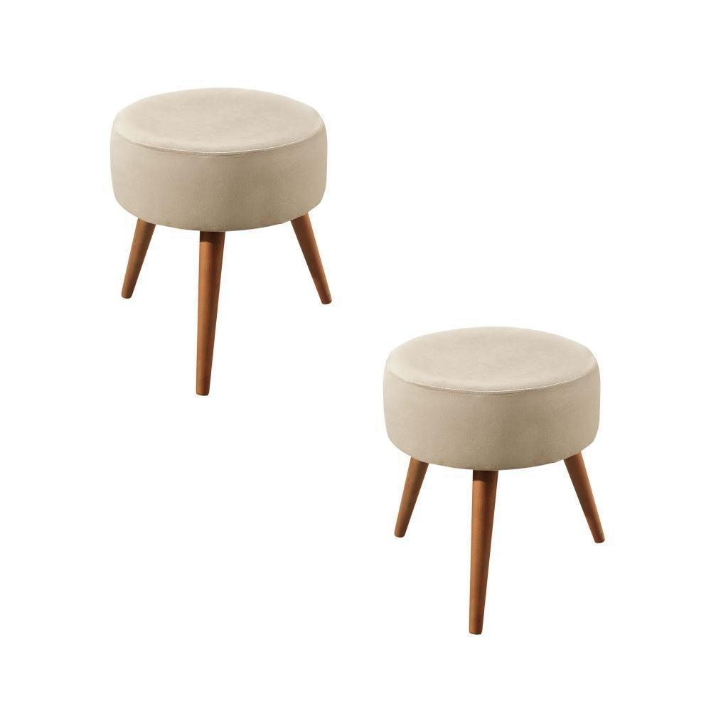 Conjunto - 2 Puffs Lippe Madeira Maciça Castellar Móbile Veludo Bege Claro - 1