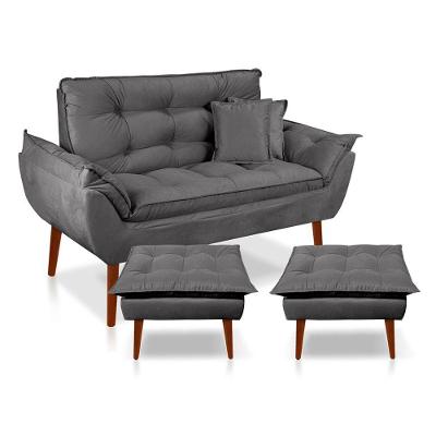 Kit Poltrona Decorativa Namoradeira 2 Puffs Opala E 2 Almofadas Suede - Lm Decor Cinza Escuro
