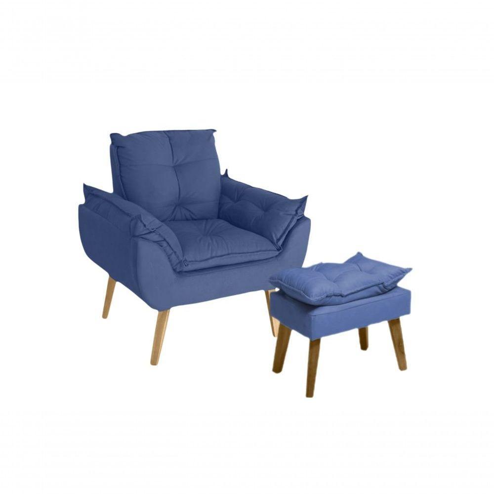 Poltrona-cadeira Decorativa Com Puff Glamour Opala Com Pés Quadrado Azul Marinho - 1