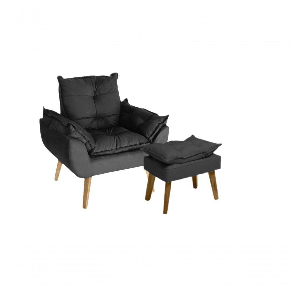 Poltrona-cadeira Decorativa Com Puff Glamour Opala Com Pés Quadrado Preto - 1