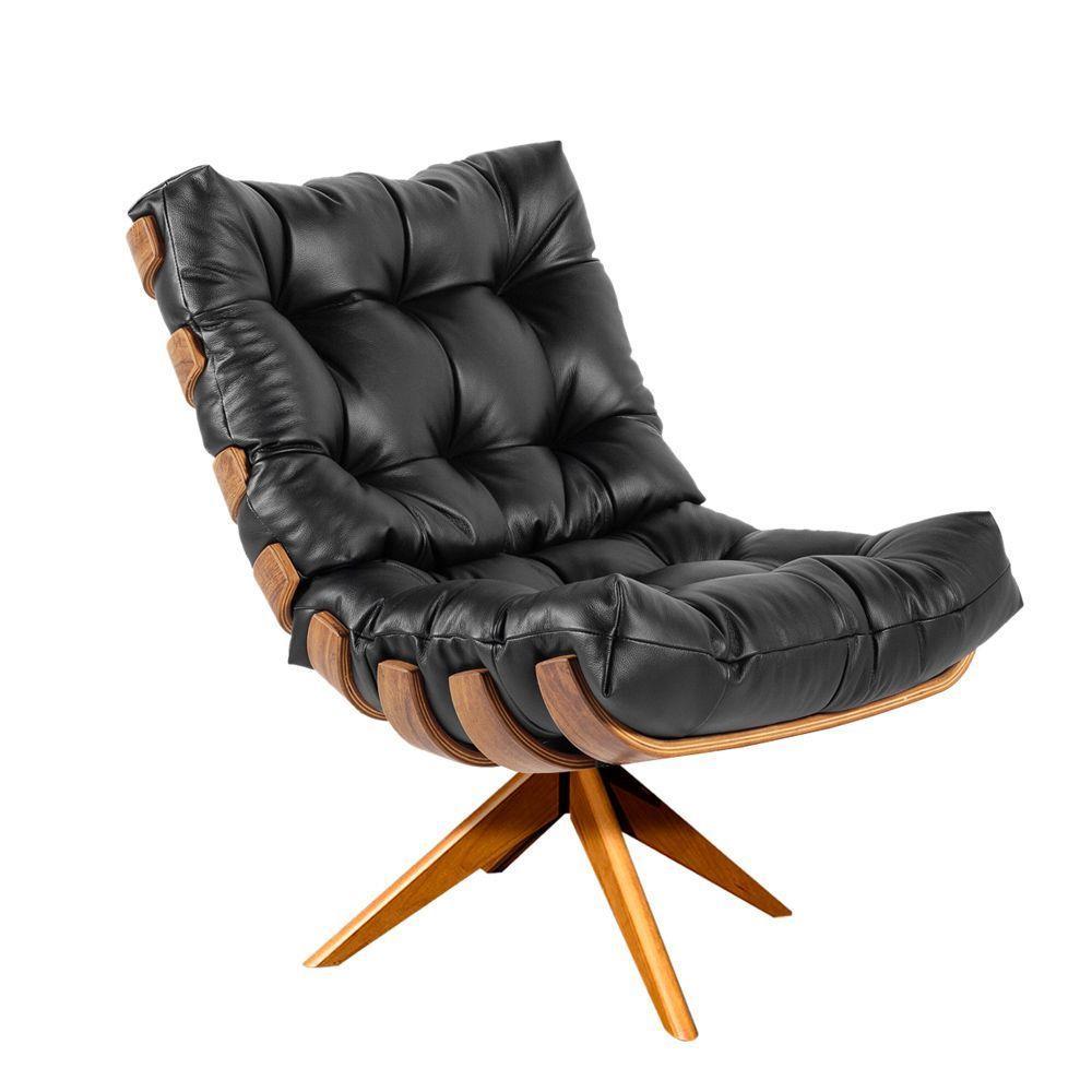 Poltrona Giratória Costela Couro Legítimo Base De Madeira Ma25 M11 - D'rossi Preto - 1