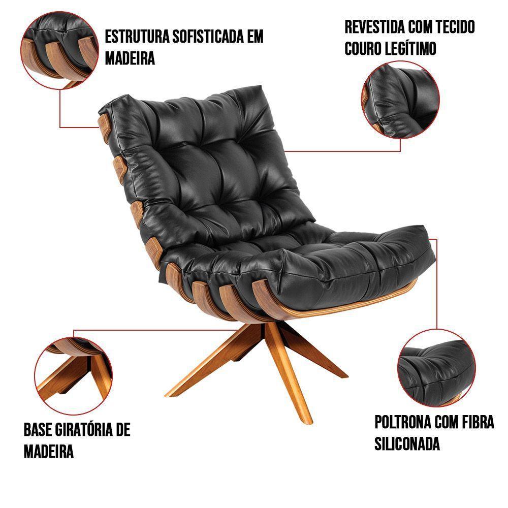 Poltrona Giratória Costela Couro Legítimo Base De Madeira Ma25 M11 - D'rossi Preto - 3