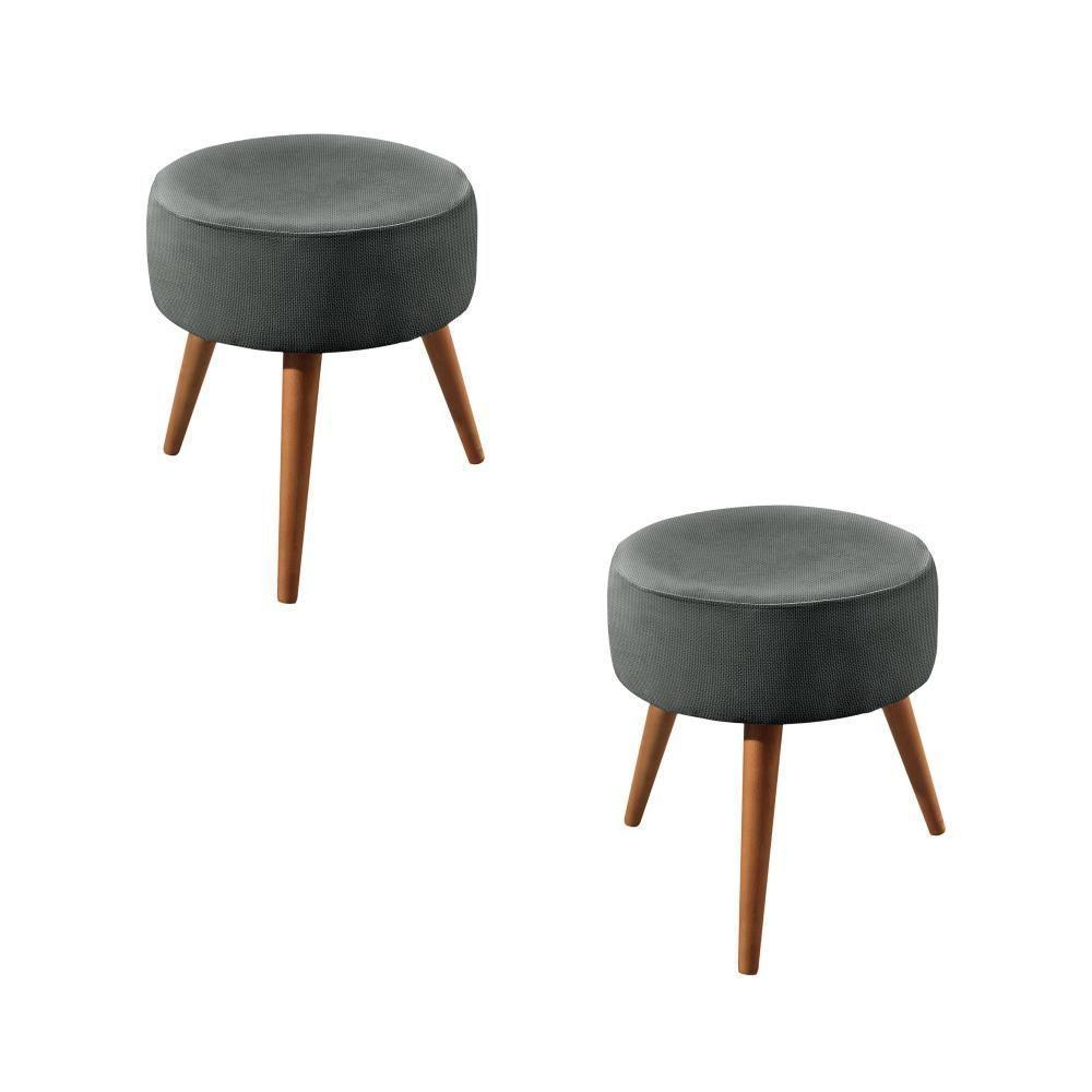 Conjunto - 2 Puffs Lippe Madeira Maciça Castellar Móbile Linho Cinza - 1