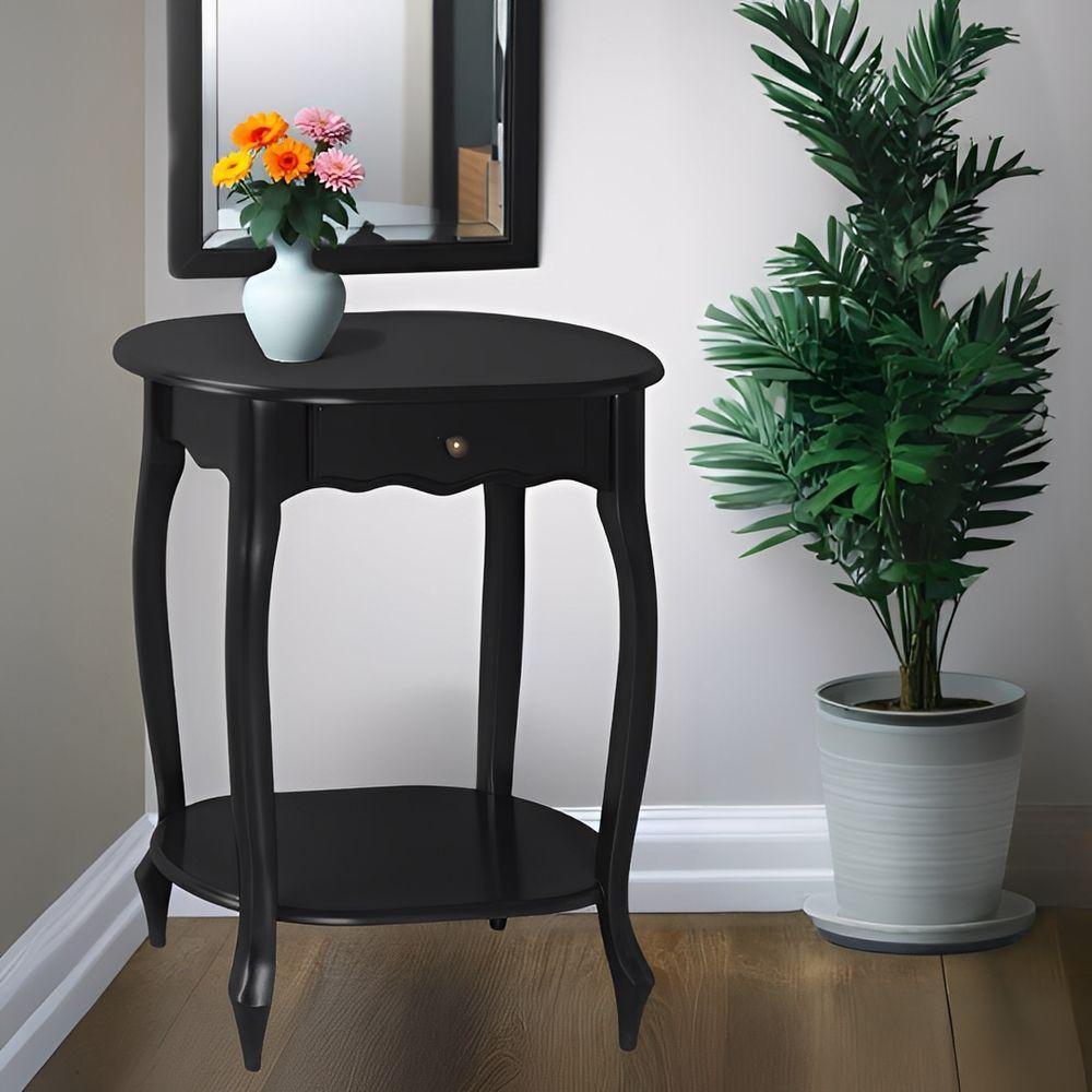 Mesa De Apoio Oval Clássica Decorativa De Madeira Com Pés Luiz Xv - Preto Laca - 1