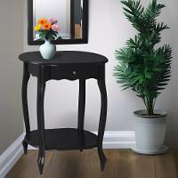 Mesa De Apoio Oval Clássica Decorativa De Madeira Com Pés Luiz Xv - Preto Laca - 1