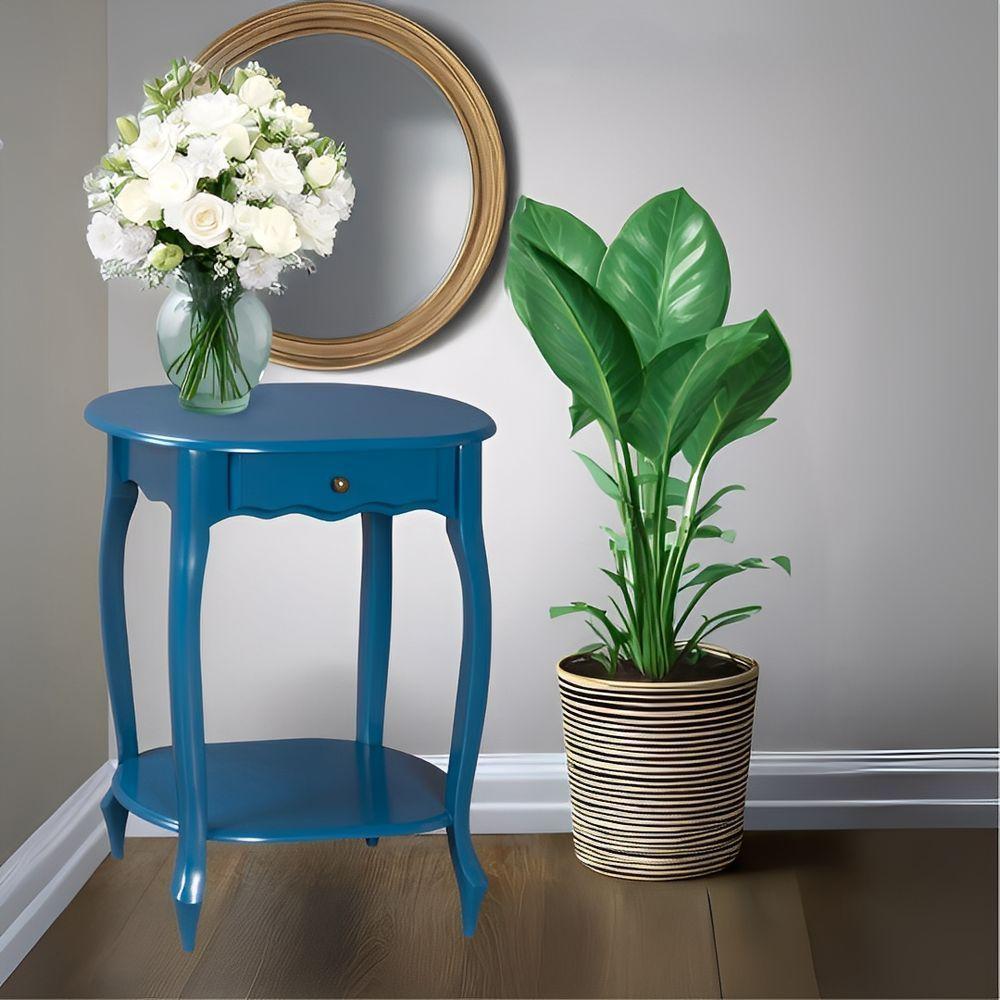 Mesa De Apoio Oval Clássica Decorativa De Madeira Com Pés Luiz Xv - Azul Bic Laca - 1