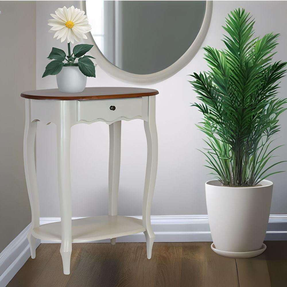 Mesa De Apoio Oval Clássica Decorativa De Madeira Com Pés Luiz Xv - Branco Laca Com Tampo Imbuia Glazer - 1