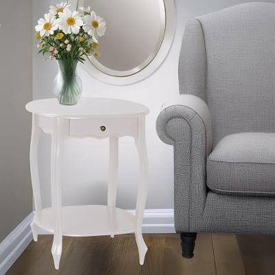 Mesa De Apoio Oval Clássica Decorativa De Madeira Com Pés Luiz Xv - Branco Laca