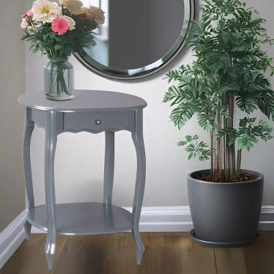 Mesa De Apoio Oval Clássica Decorativa De Madeira Com Pés Luiz Xv - Cinza Laca