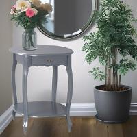 Mesa De Apoio Oval Clássica Decorativa De Madeira Com Pés Luiz Xv - Cinza Laca - 1