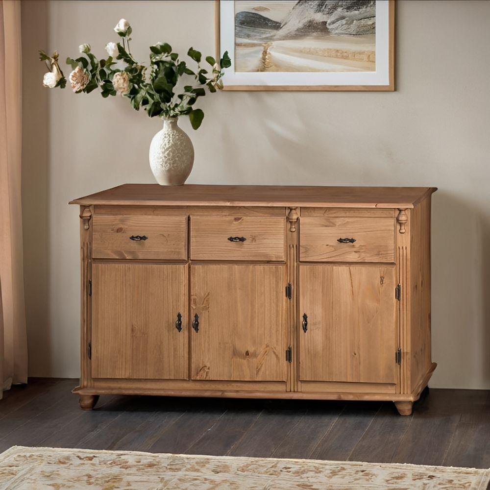 Balcão De Cozinha 3 Portas 3 Gavetas Com Pés Torneados - Cera Madeira Bruta - 1