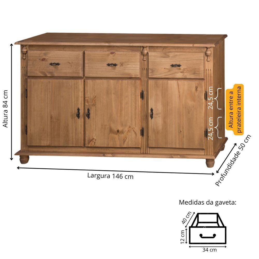 Balcão De Cozinha 3 Portas 3 Gavetas Com Pés Torneados - Cera Madeira Bruta - 4