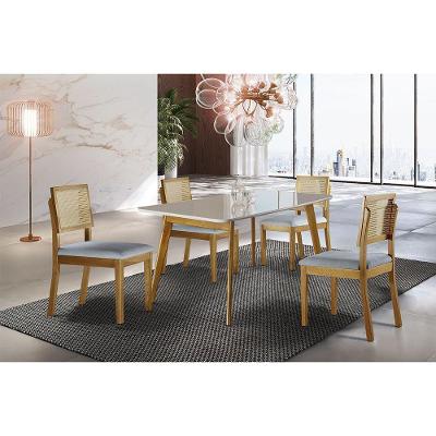 Conjunto de Jantar Grécia 4 Lugares Tampo MDF com Cadeiras em Linho Mel e Off White 120cm