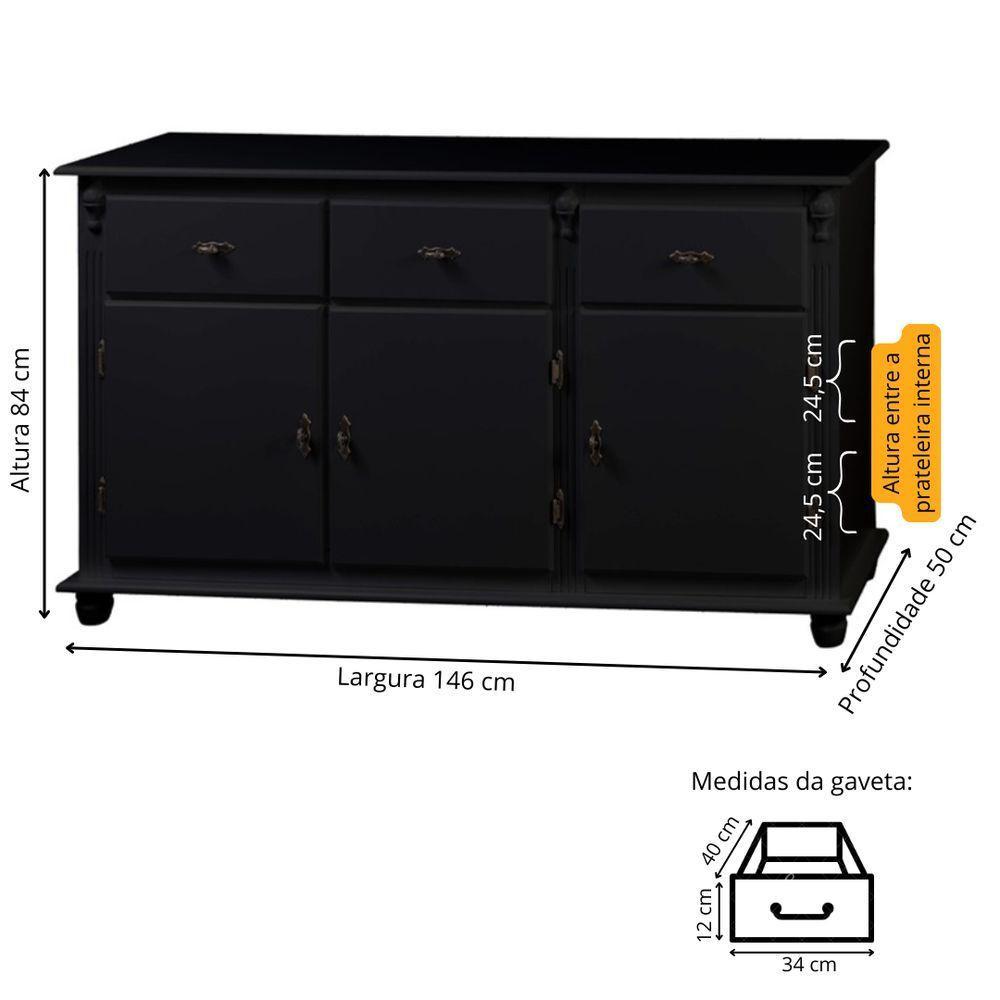 Balcão De Cozinha 3 Portas 3 Gavetas Pés Torneados 631 - Preto Laca - 4