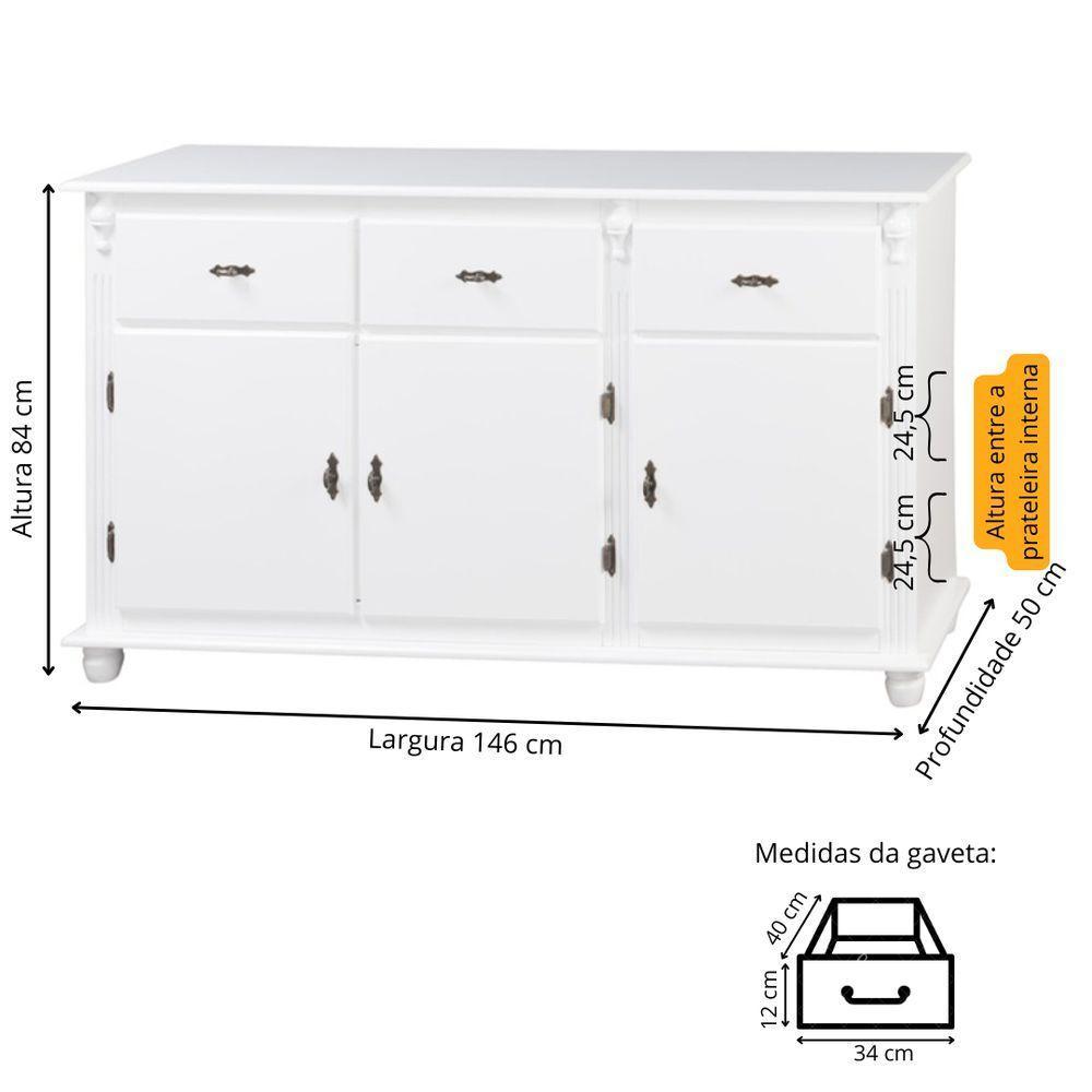 Balcão De Cozinha 3 Portas 3 Gavetas Com Pés Torneados 631 - Branco Laca - 4