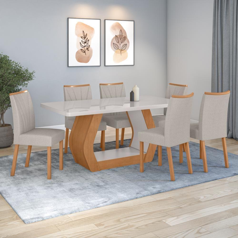 Conjunto Sala De Jantar Mesa Easy Tower 170x90cm Mdf/vidro Com 6 Cadeira Armoni Linho Mosaico Cinza Amendoa/off White - 1