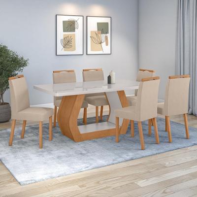 Conjunto Sala De Jantar Mesa Easy Tower 170x90cm Mdf/vidro Com 6 Cadeiras Aurea Veludo Creme Amendoa/off White