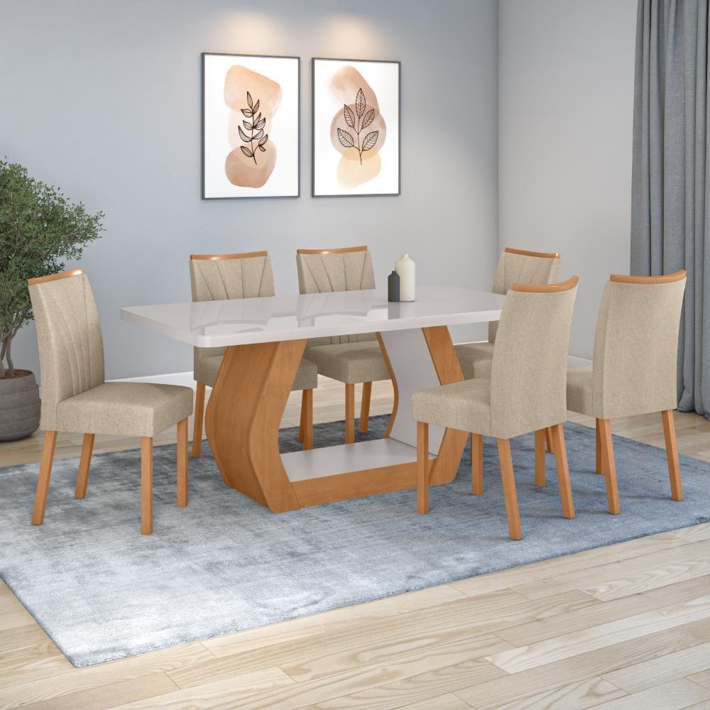 Conjunto Sala De Jantar Mesa Easy Tower 170x90cm Mdf/vidro Com 6 Cadeira Armoni Linho Bege Amendoa/off White - 1