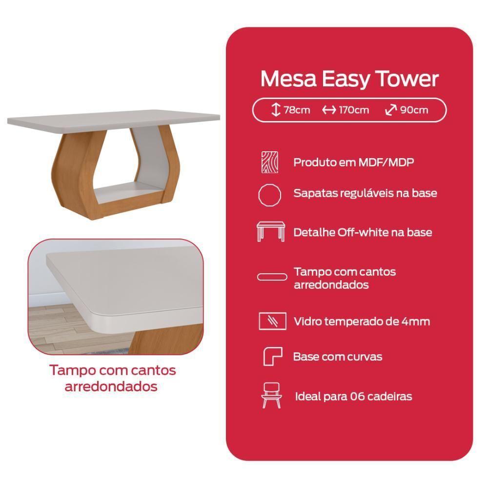 Conjunto Sala De Jantar Mesa Easy Tower 170x90cm Mdf/vidro Com 6 Cadeiras Armoni Veludo Creme Amendoa/off White - 9