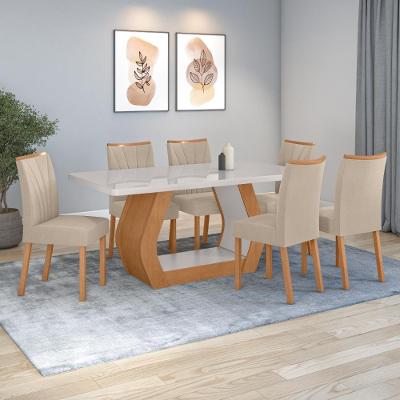 Conjunto Sala De Jantar Mesa Easy Tower 170x90cm Mdf/vidro Com 6 Cadeiras Armoni Veludo Creme Amendoa/off White