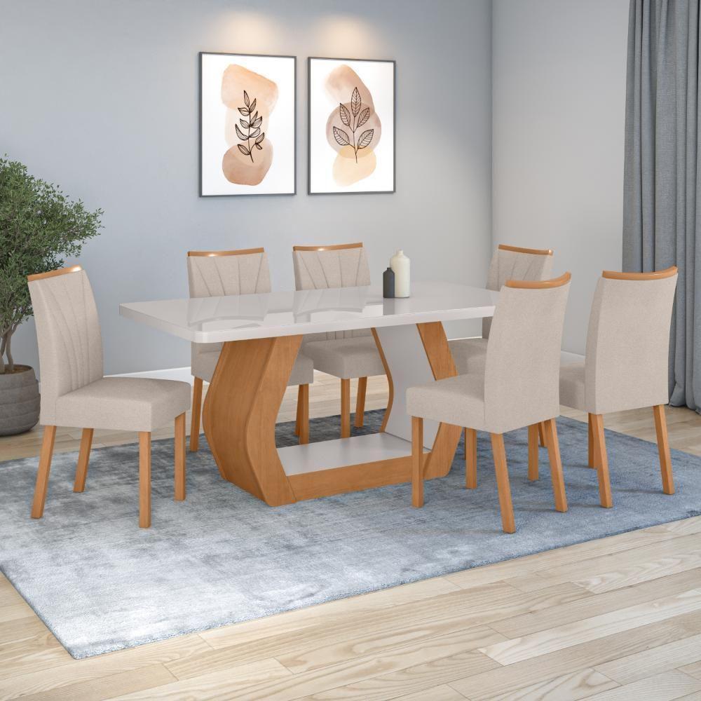 Conjunto Sala De Jantar Mesa Easy Tower 170x90cm Mdf/vidro Com 6 Cadeira Armoni Boucle Bege Amendoa/off White - 1