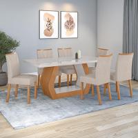 Conjunto Sala De Jantar Mesa Easy Tower 170x90cm Mdf/vidro Com 6 Cadeira Armoni Boucle Bege Amendoa/off White - 1