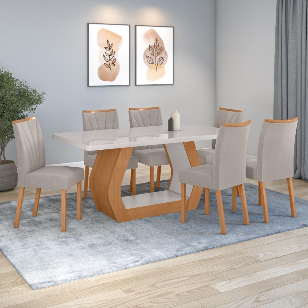 Conjunto Sala De Jantar Mesa Easy Tower 170x90cm Mdf/vidro Com 6 Cadeira Armoni Veludo Liso Capuccino Amendoa/off White - 1