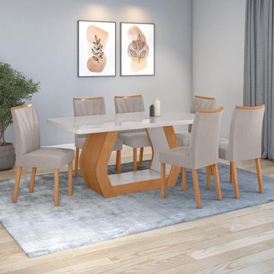 Conjunto Sala De Jantar Mesa Easy Tower 170x90cm Mdf/vidro Com 6 Cadeira Armoni Veludo Liso Capuccino Amendoa/off White