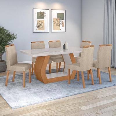 Conjunto Sala De Jantar Mesa Easy Tower 170x90cm Mdf/vidro Com 6 Cad Aurea Linho Rinzai Bege Amendoa/off White