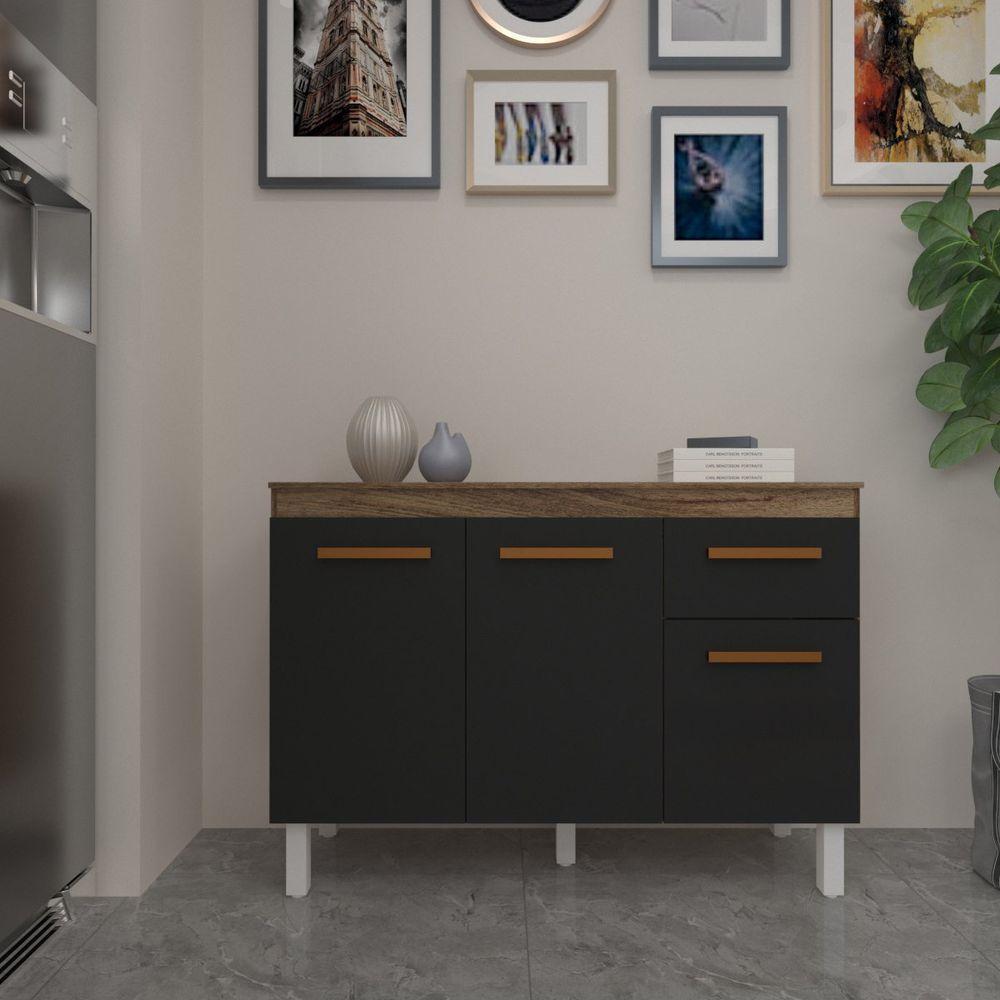 Balcão De Cozinha 3 Portas 2 Gavetas Armário Multiuso Vivian Savana Preto - 3