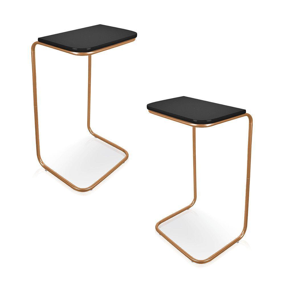 Kit 02 Mesas Lateral Tampo Multiuso Para Sófá Base Dourado J01 - D'rossi Preto - 1