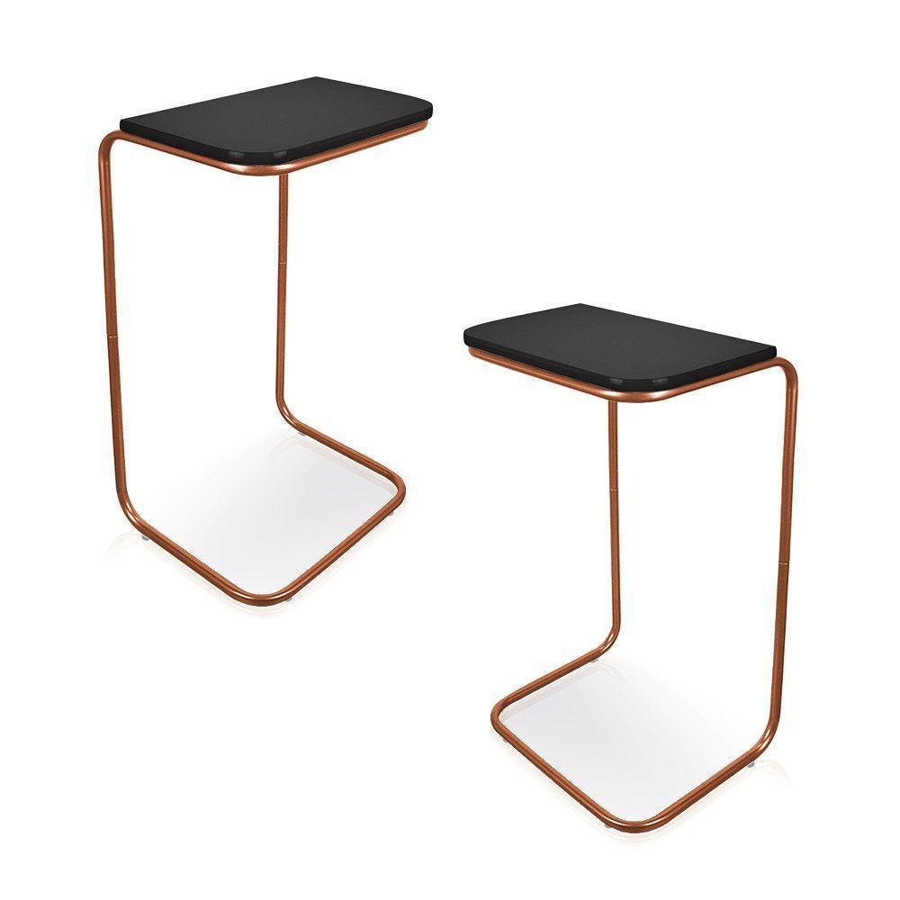 Kit 02 Mesas Lateral Tampo Multiuso Para Sofá Base Bronze J01 - D'rossi Preto - 1