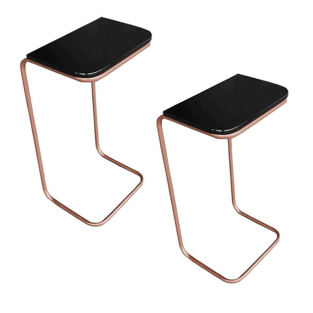 Kit 02 Mesas Lateral Tampo Preto Multiuso Para Sofá Base Metálica J01 - D'rossi Bronze - 1