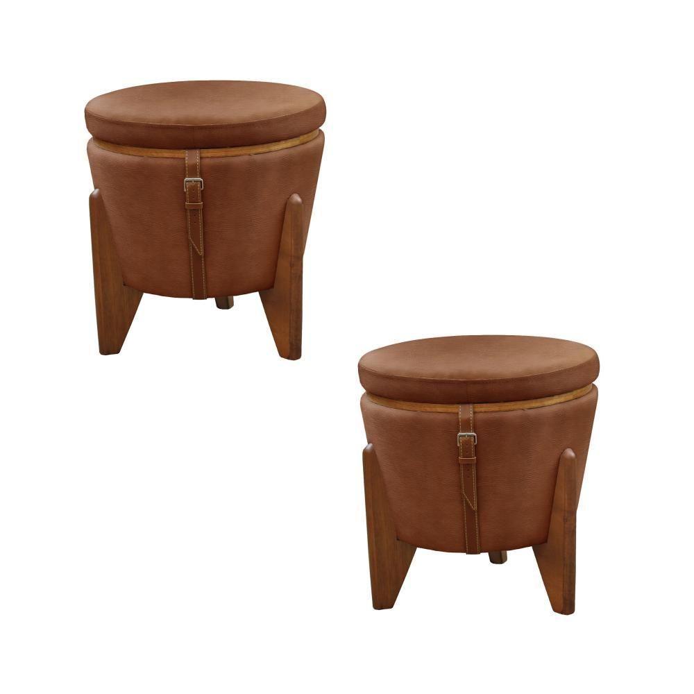 Conjunto - 2 Puffs Banqueta Fênix Baú Mesa Castellar Móbile Corino Caramelo - 1