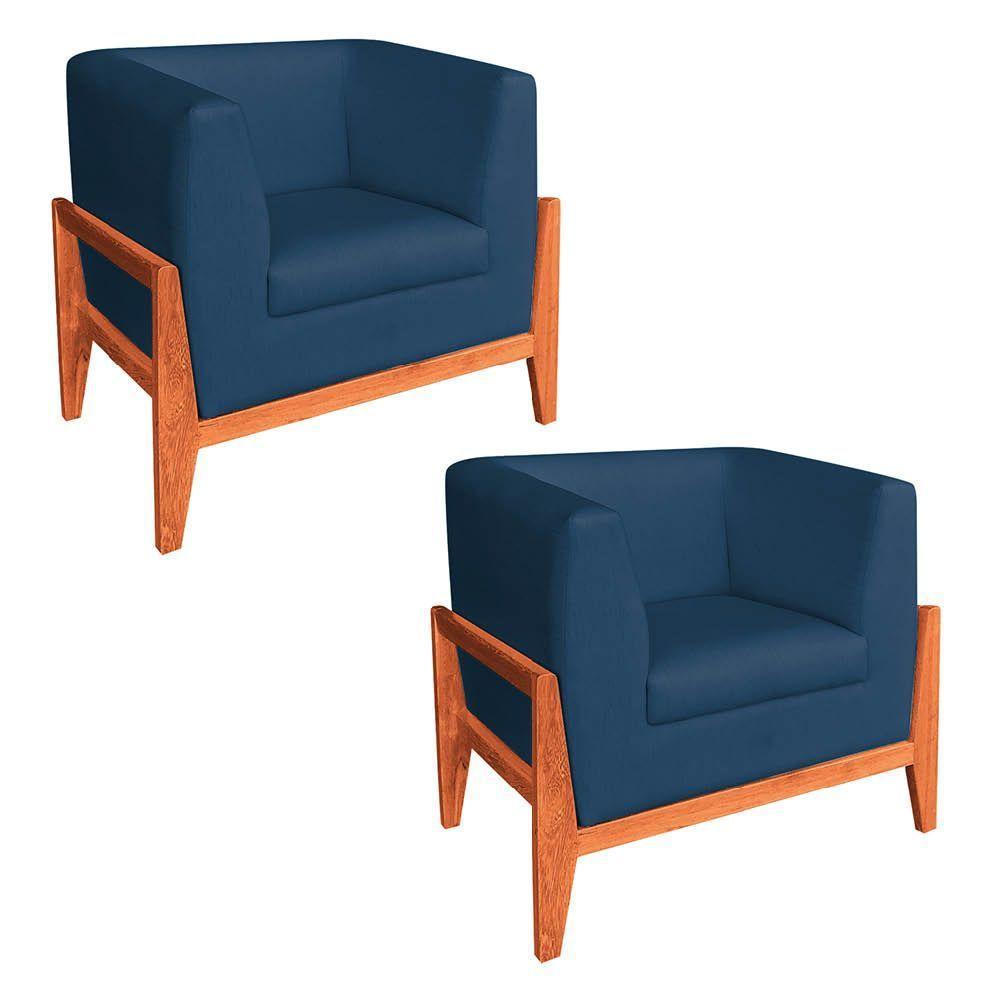 Kit 02 Poltronas Lucy Linho Base Madeira Castanho D'rossi Azul A18 - 1