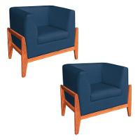 Kit 02 Poltronas Lucy Linho Base Madeira Castanho D'rossi Azul A18 - 1