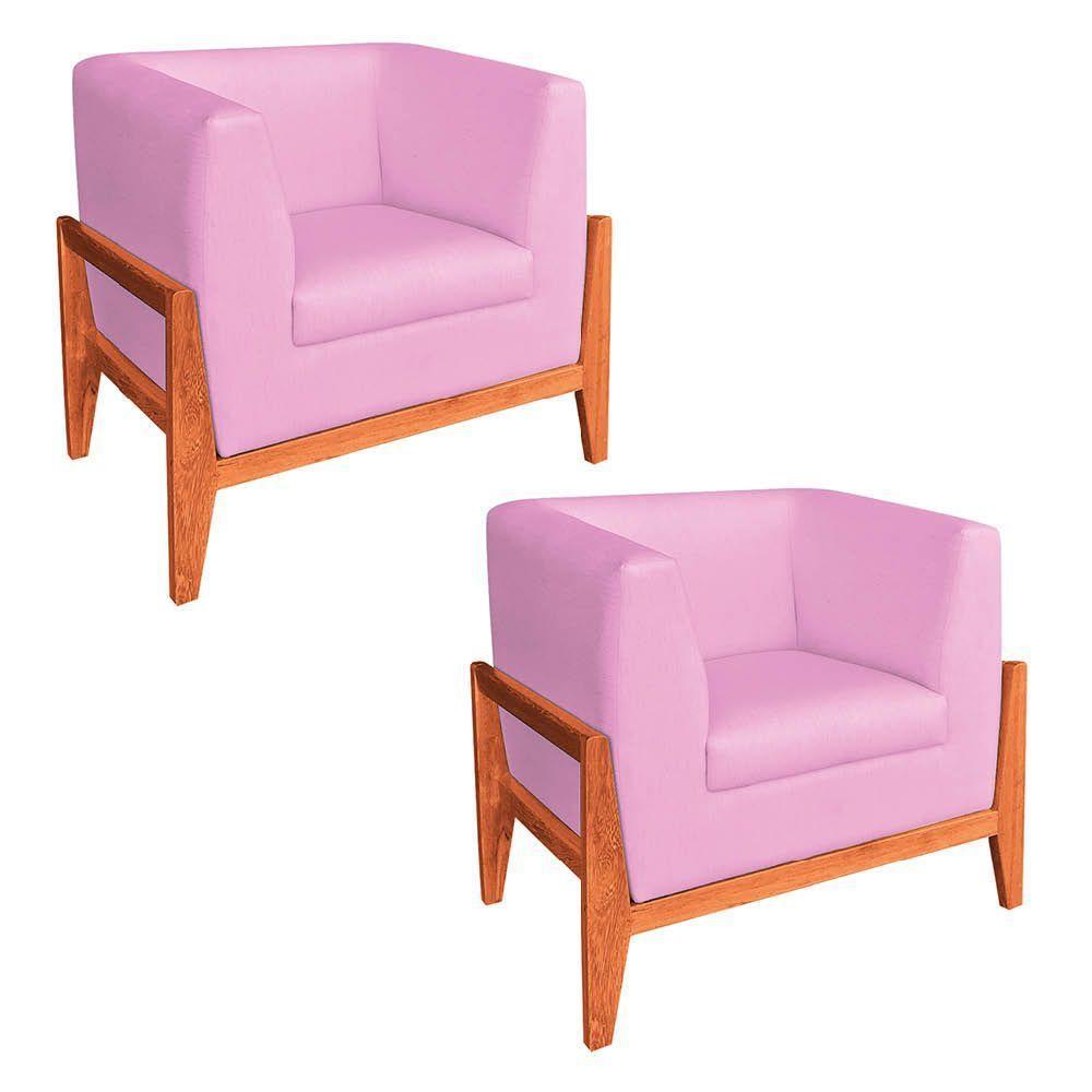 Kit 02 Poltronas Lucy Linho Base Madeira Castanho D'rossi Rosa Chiclete A08 - 1