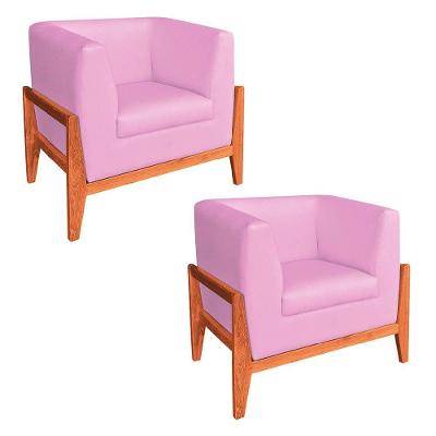 Kit 02 Poltronas Lucy Linho Base Madeira Castanho D'rossi Rosa Chiclete A08