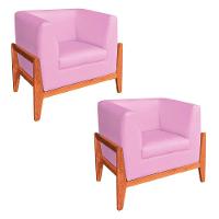 Kit 02 Poltronas Lucy Linho Base Madeira Castanho D'rossi Rosa Chiclete A08 - 1